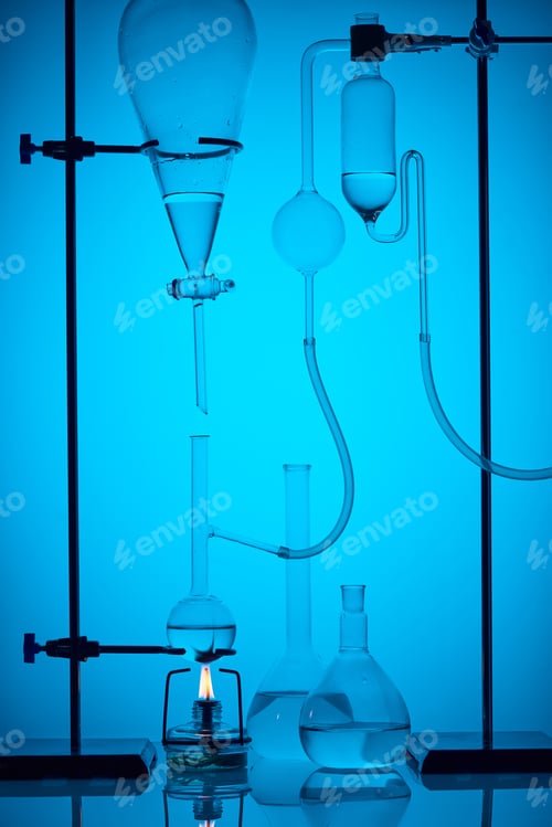 Preview: chemical analysis with substance in laboratory on blue