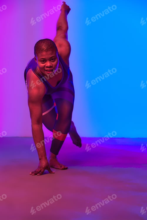 Preview: Body Positivity And Sport. Smiling Curvy Black Woman In Sportswear Free Copy Space For Advertisement