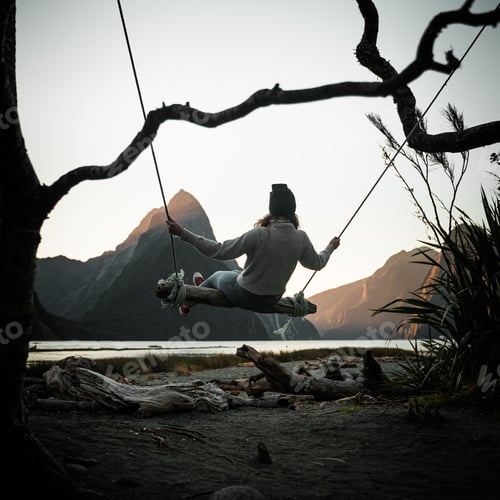 Preview: Beautiful view of a young female on a swing near the mountains