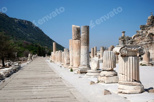 Preview: Aerial view of a historic site featuring a boardwalk with ancient ruins in Ephesus, Turkey