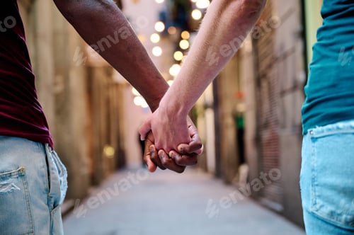 Preview: interracial love couple holding hands in outdoor location - multiethnic concept