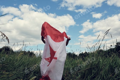 Preview: Happy child boy waving the flag of Canada while running