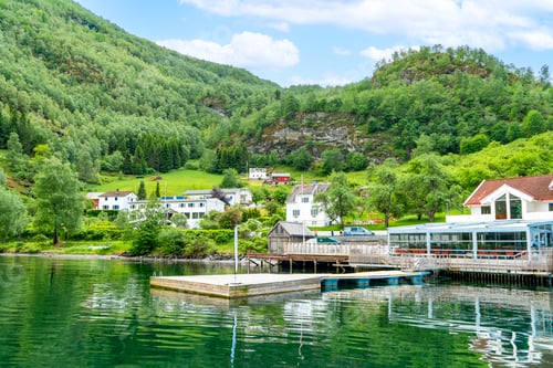 Preview: Flam village houses and pier nestled in the Norwegian fjord landscape