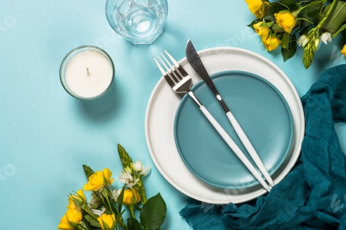 Preview: Spring table setting with flower top view