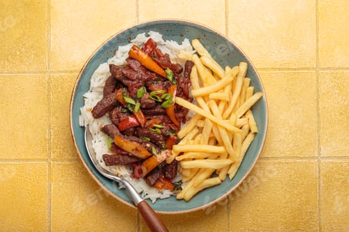 Preview: Lomo saltado with french fries and rice on yellow tiles background, traditional Peruvian dish