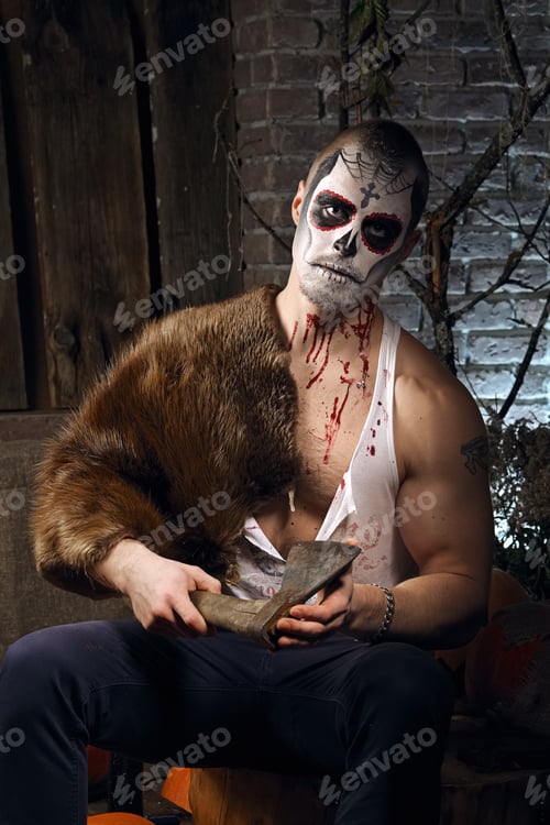 Preview: Male sugar skull makeup. Face painting art.