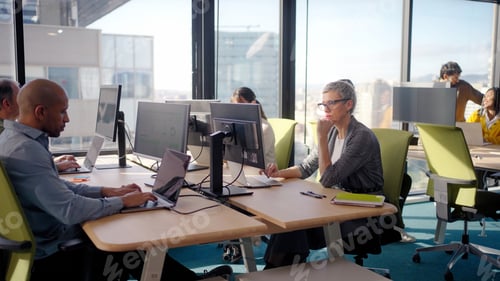Preview: Middle aged businesswoman working at open plan office desk