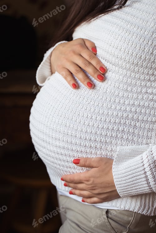 Preview: Young pregnant woman holds her hands.