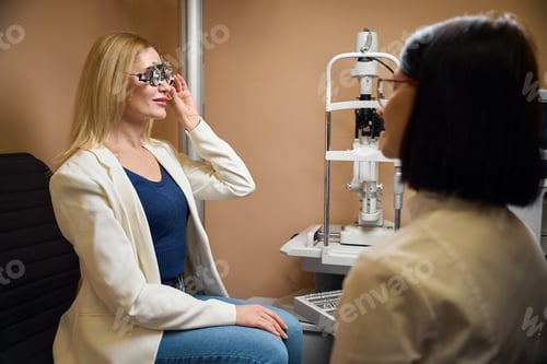 Preview: Young blonde woman tries on trial lenses
