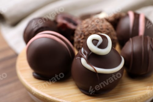 Preview: Many different delicious chocolate truffles on wooden plate, closeup
