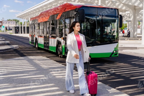 Preview: Young girl traveler with a pink suitcase walking along a bus