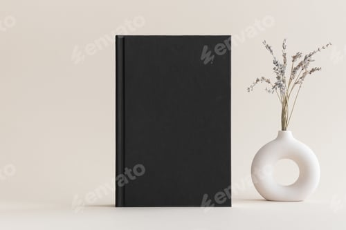 Preview: Black book mockup with a lavender decoration on the soft yellow background.