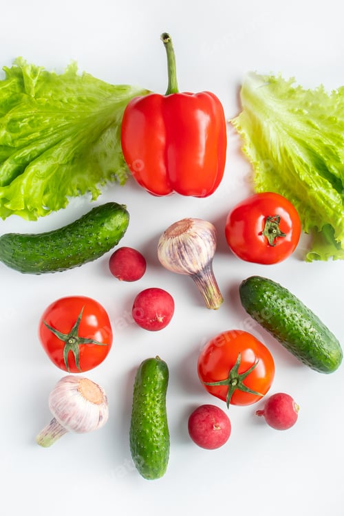 Preview: Fresh vegetables on a white background. Diet Food Concept. Place for text.