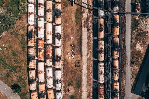 Preview: Aerial view of colorful freight trains on railways - an industrial scenery