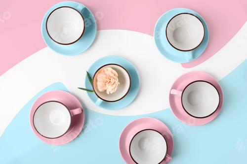 Preview: Elegant porcelain blue and pink cups on abstract background