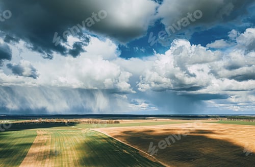 Preview: Scenic Sky With Fluffy Clouds On Horizon. Bird's-eye Aerial View. Amazing Natural Dramatic Sky With