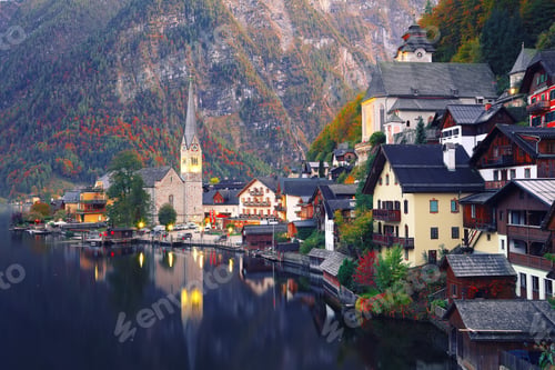 Preview: Classic postcard view of famous Hallstatt lakeside town reflecti