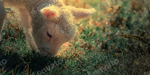 Vorschau: Nahaufnahme eines weißen Lammes, das an einem sonnigen Tag auf grünem Gras weidet