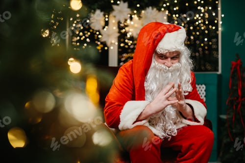 Preview: Santa claus scheming near christmas tree with lights