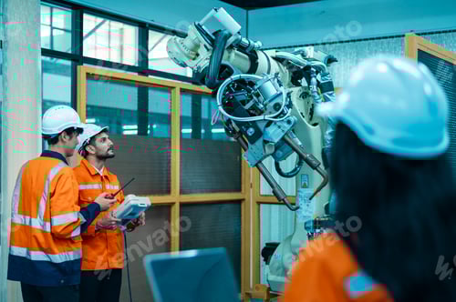 Preview: A group of Robotics engineers working with Programming and Manipulating Robot Hand