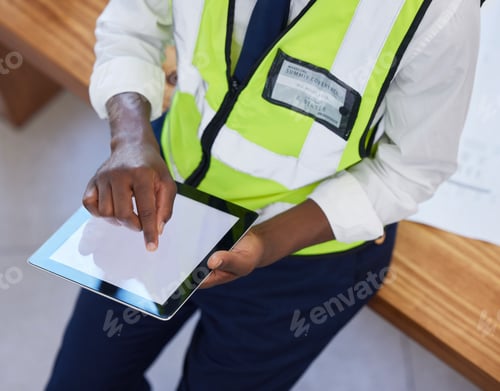 Preview: Engineer, hands and man with tablet screen while online for planning, schedule and search for desig