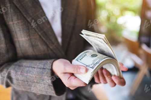 Preview: a woman holding and counting American dollar banknotes for money and financial concept