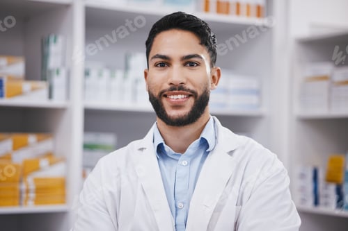 Preview: Pharmacy, pharmacist or portrait of man with smile in healthcare drugstore or hospital clinic alone
