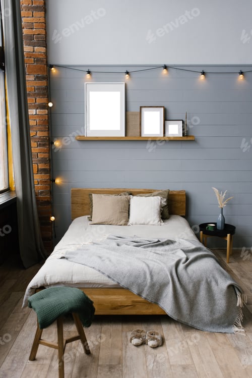 Preview: The interior of the bedroom is in the Scandinavian style covered in gray beige brown colors