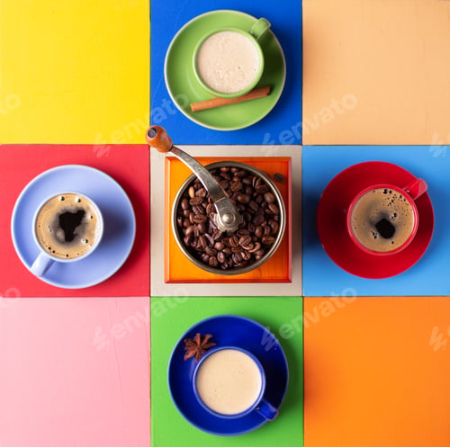 Preview: Cup of coffee and grinder at colorful abstract background texture. Coffee break time