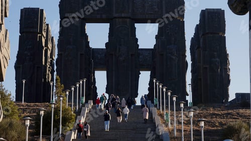 Preview: Some of the 16 sixteen large columns of the Georgian Stonehenge. Action. Giant monument, concept of