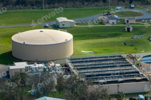 Preview: Aerial view of water treatment factory at city wastewater cleaning facility