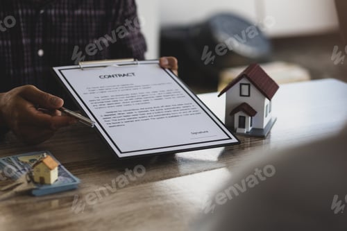 Preview: Real estate agents discussing terms signing contracts, legal agreements, land purchases, mortgages.