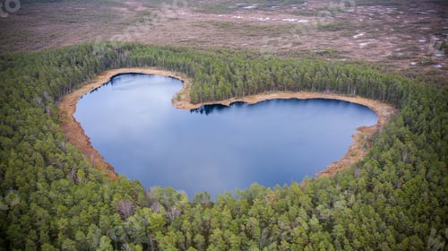 Preview: Aerial view to the natural heart-shaped forest lake on Parika nature reserve, Viljandi, Estonia