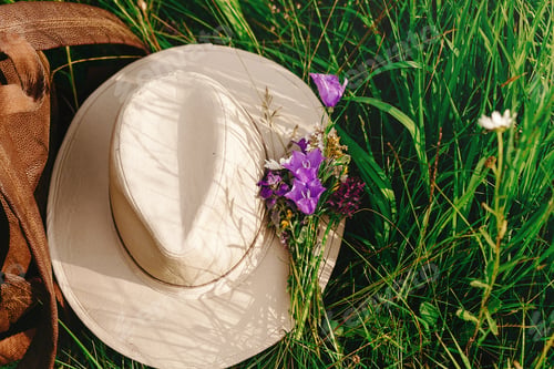 Preview: Stylish hat and wildflowers lying on grass in meadow in summer mountains