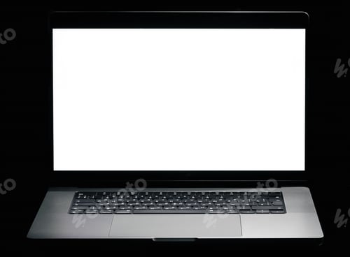Preview: Modern laptop with blank white screen isolated on black background. Close up.