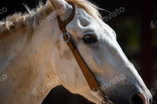 Preview: closeup horse head brown eye portrait, mammal animal with stable living in farm