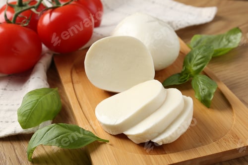 Preview: Tasty mozzarella, tomatoes and basil on wooden table, closeup