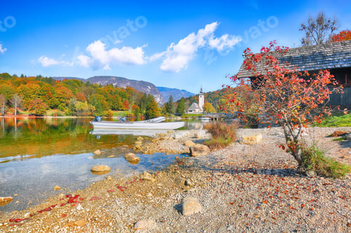 Preview: Astonishing view of Church of St. John the Baptist on Bohinj Lake .