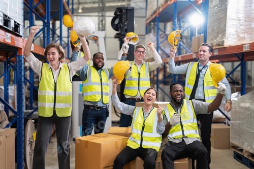 Preview: Diversity group of labor union in warehouse celebrate success after won protest salary increment