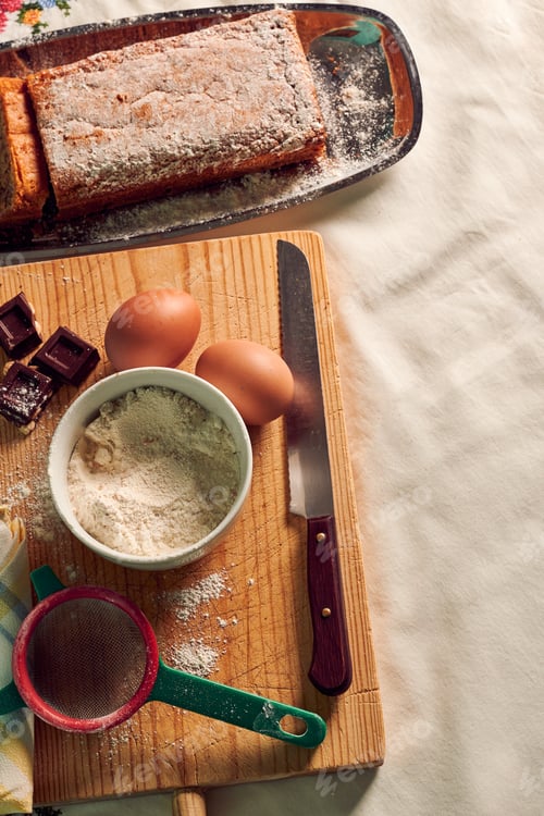 Preview: Top view of a homemade sponge cake on a white tablecloth with eggs, chocolate and flour