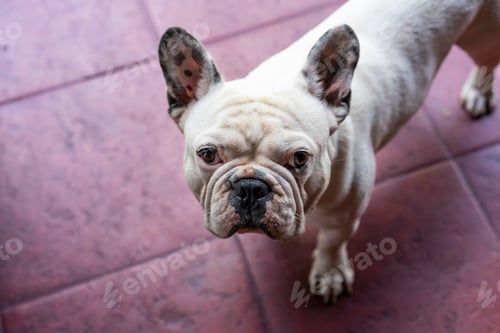 Preview: High angle of French Bulldog Dog Standing and staring at camera. Purple background