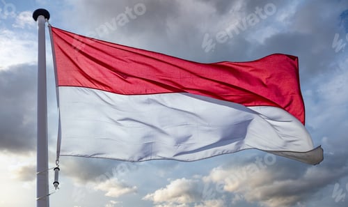 Preview: Red and White Flag Waving Against Cloudy Sky