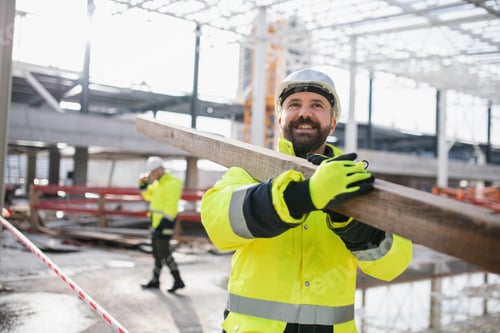 Preview: Men workers walking outdoors on construction site, working.