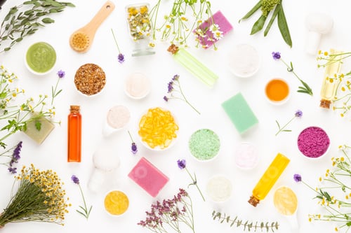 Preview: Spa aromatherapy floral background, flat lay.