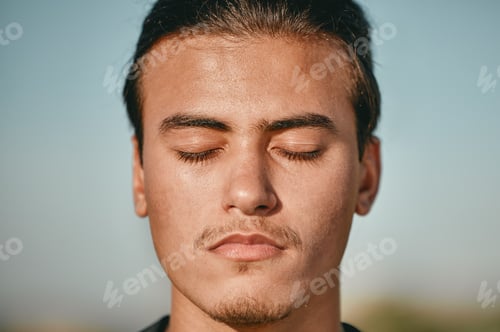 Preview: Zen, meditation and face of man meditating closed eyes outdoors for calm, peace and is mindful with