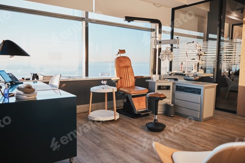 Preview: Optometry, equipment and empty office of a doctor for work in ophthalmology, eye and vision care. H