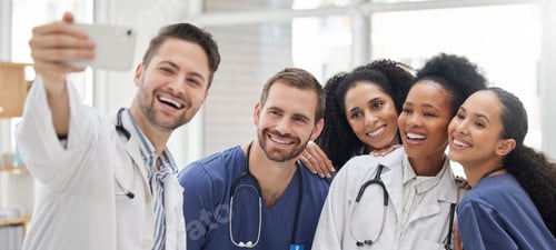 Preview: Doctor, selfie and group with smile for social media and profile picture in hospital. Healthcare, n