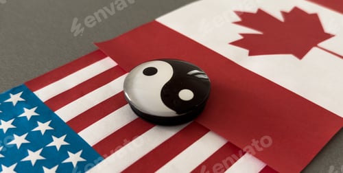 Preview: yin and yang figurine on the background of the flags
