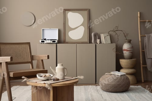 Preview: Warm and cozy composition of living room interior with rug, personal accessories Home decor Template