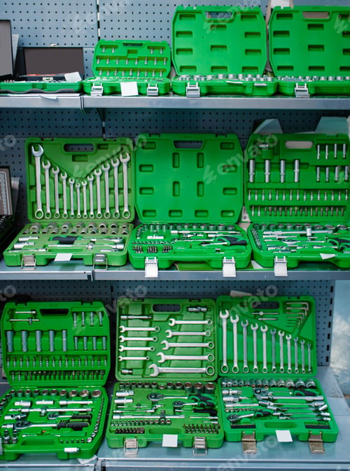 Preview: Toolbox with ratchet heads in tool store closeup